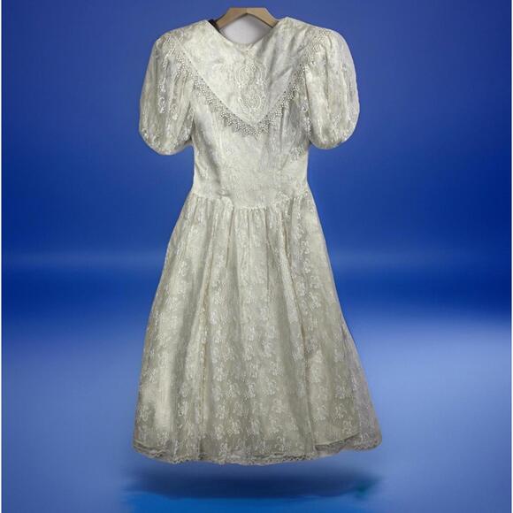 Vintage 80s Gunne Sax Womens Sz 7 Cream Ivory Lace Tea‎ Dress Puffy Sleeves - Picture 1 of 11
